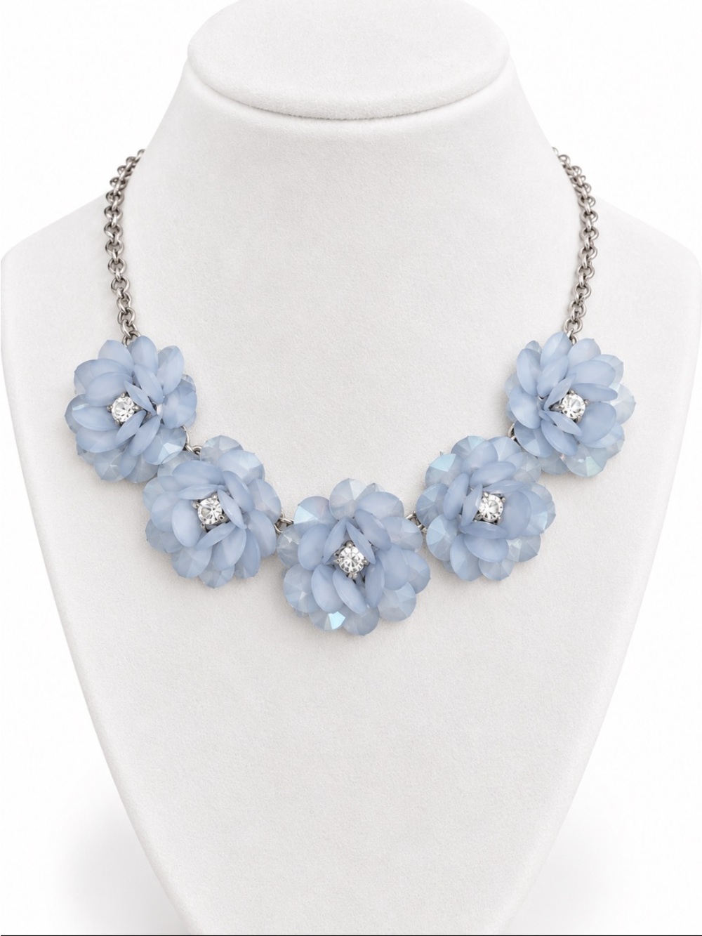 Light Blue Floral Statement Necklace Silver Tone Rhinestone Flower Bib